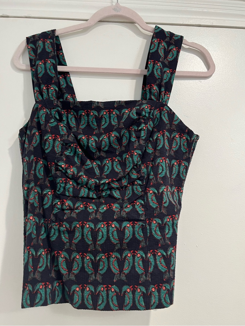 Anthropologie Maeve Blue & Green Cotton Ruched Toulouse Parrot Print Top‎ Sz. 8 - Picture 4 of 11